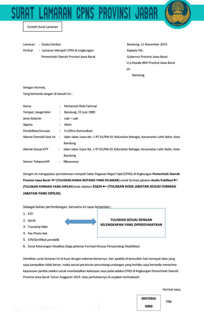 Contoh Format Surat Lamaran CPNS Provinsi Jabar
